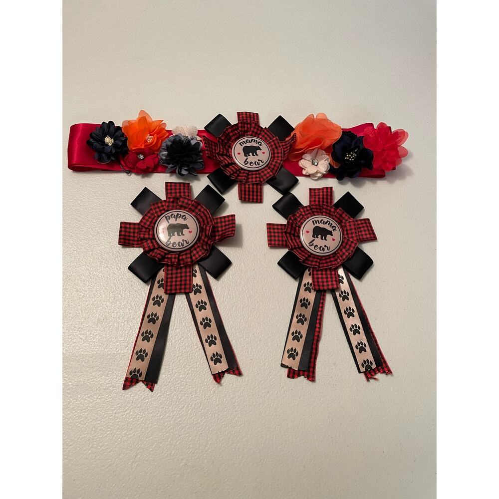 Mama Bear Sash mama bear pin and papa bear pin Red buffalo plaid For Baby Shower